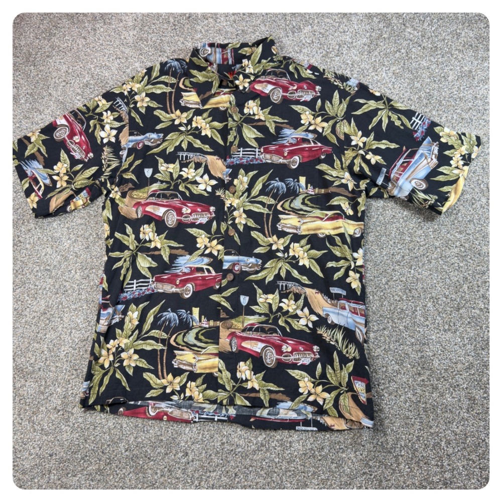 Kane Malia Hawaiian Shirt Mens Large Black Classic Cars Tropical Floral USA Made